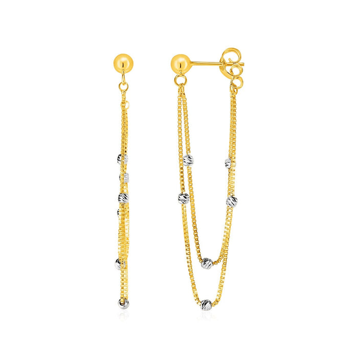 Hanging Chain Post Earrings with Bead Accents in 14k Yellow and White Gold by Avera Group