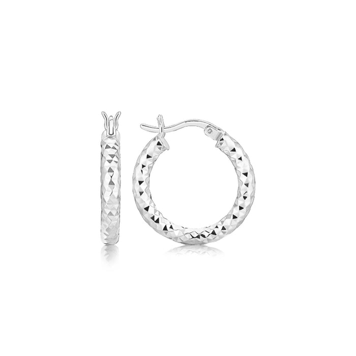 Sterling Silver Polished Rhodium Plated Faceted Hoop Style Earrings(3x15mm) by Avera Group