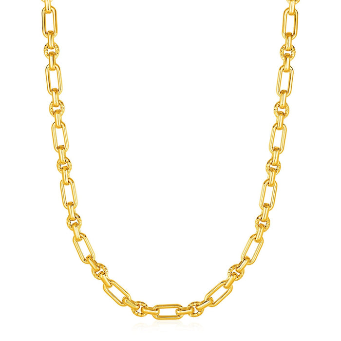 Rounded Rectangular Link Necklace with Textured Round Links in 14k Yellow Gold by Avera Group
