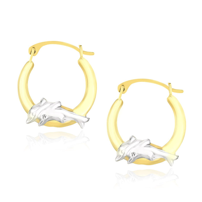 10k Two-Tone Gold Round Graduated Dolphin Design Hoop Earrings by Avera Group