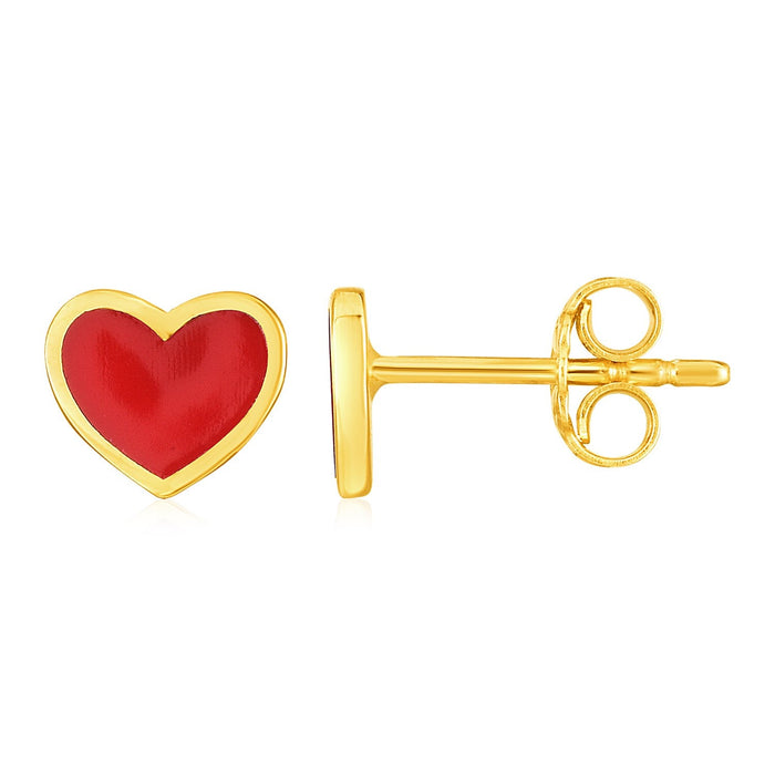 14k Yellow Gold and Enamel Red Heart Stud Earrings by Avera Group