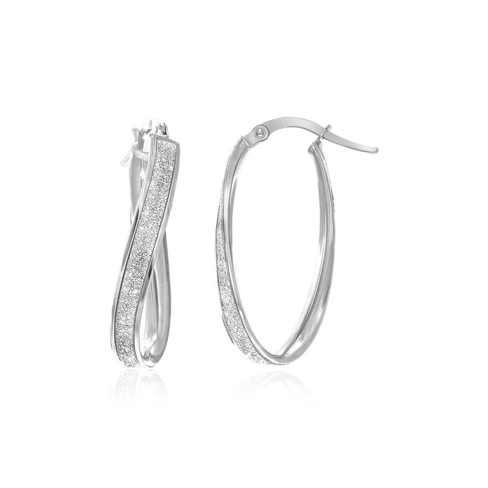 14k White Gold Oval Hoop Twist Glittery Earrings by Avera Group