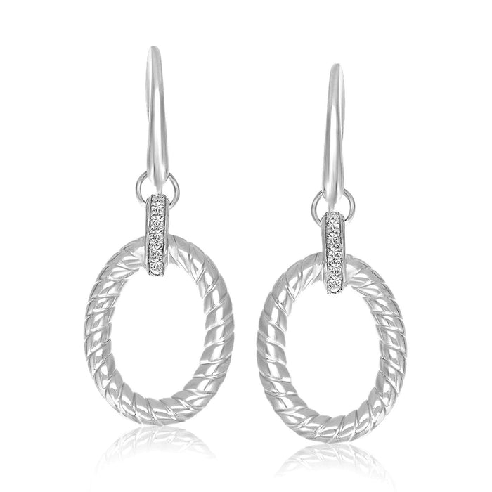 Sterling Silver Rhodium Finished Diamond Embellished Oval Rope Drop Earrings by Avera Group