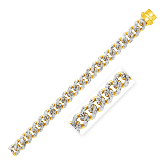 14k Two Tone Gold 8 1/2 inch Wide Curb Chain Bracelet with White Pave by Avera Group