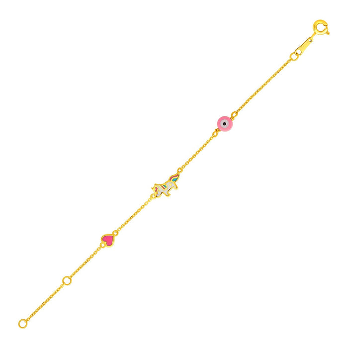 14k Yellow Gold 5 1/2 inch Childrens Bracelet with Enameled Heart Unicorn and Circle by Avera Group