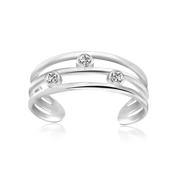 Sterling Silver Rhodium Plated Triple Line Open Motif Cubic Zirconia Toe Ring by Avera Group