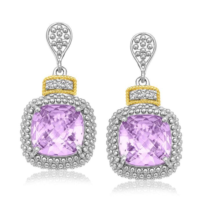 18k Yellow Gold & Sterling Silver Cushion Amethyst & Diamond Earrings (.05cttw) by Avera Group