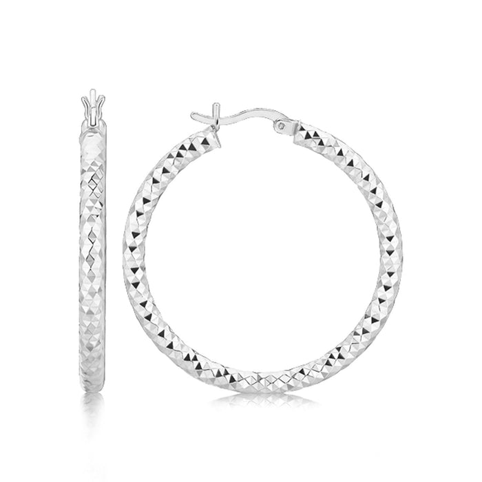 Sterling Silver Faceted Motif Large Hoop Earrings with Rhodium Plating by Avera Group