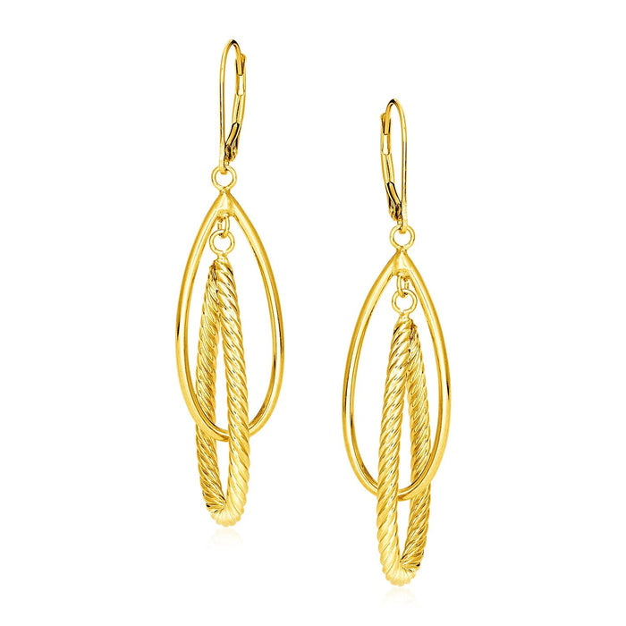 14k Yellow Gold Earrings with Shiny and Textured Teardrop Dangles by Avera Group