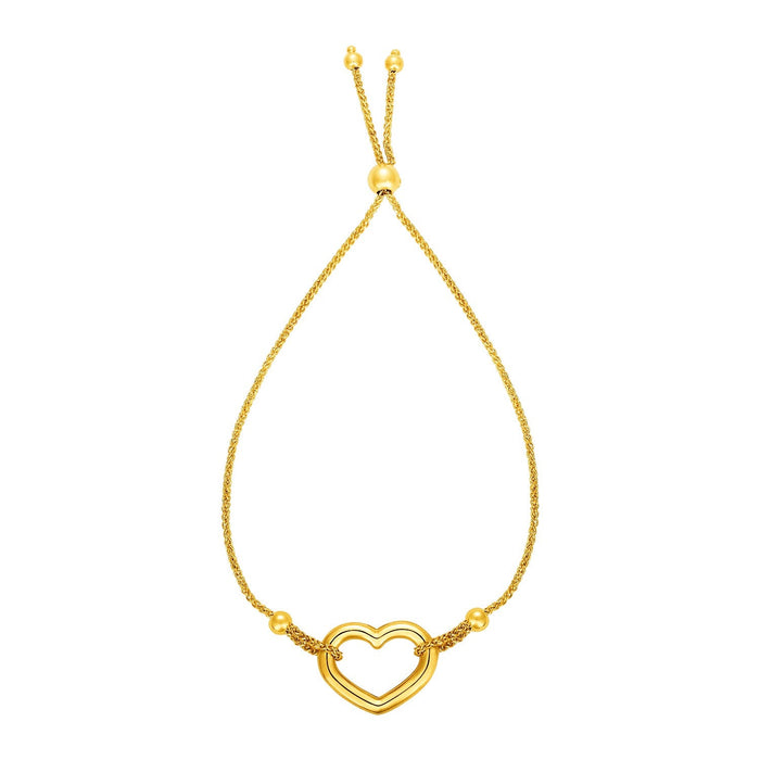 Adjustable Bracelet with Shiny Open Heart in 14k Yellow Gold by Avera Group