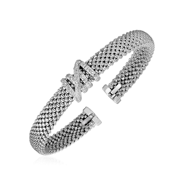 Popcorn Texture Cuff Bangle with Diamonds in Sterling Silver (8.00 mm) by Avera Group