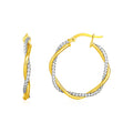 14k Yellow and White Gold Two Part Textured Twisted Round Hoop Earrings by Avera Group