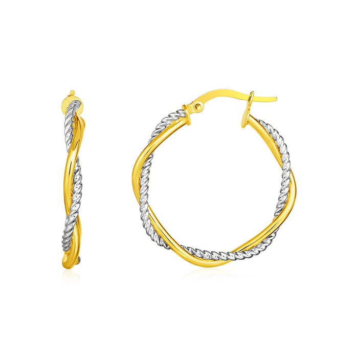 14k Yellow and White Gold Two Part Textured Twisted Round Hoop Earrings by Avera Group