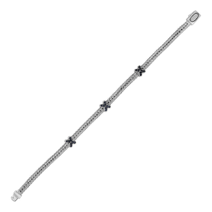 Woven Rope Bracelet with Black Sapphire X Accents in Sterling Silver by Avera Group