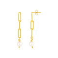 14k Yellow Gold Paperclip Chain Link Earrings with Pearls by Avera Group