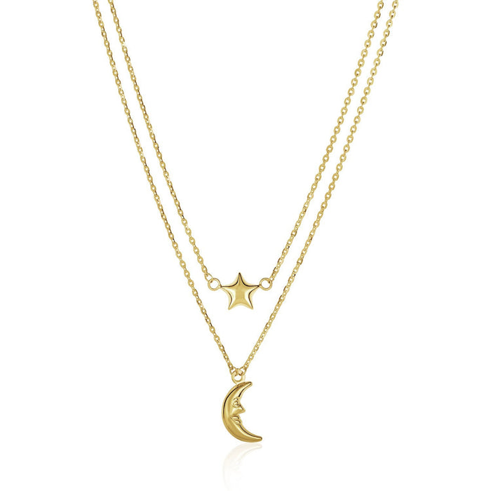 14k Yellow Gold Double-Strand Chain Necklace with Puff Moon and Star by Avera Group