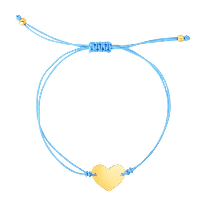 9 1/4 inch Blue Cord Adjustable Bracelet with 14k yellow Gold Heart by Avera Group