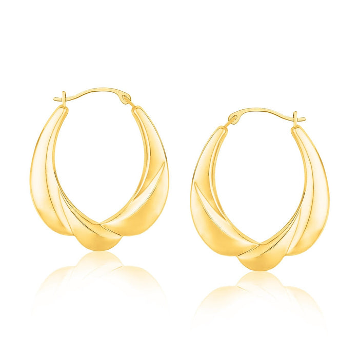 14k Yellow Gold Scallop Motif Graduated Oval Hoop Earrings by Avera Group