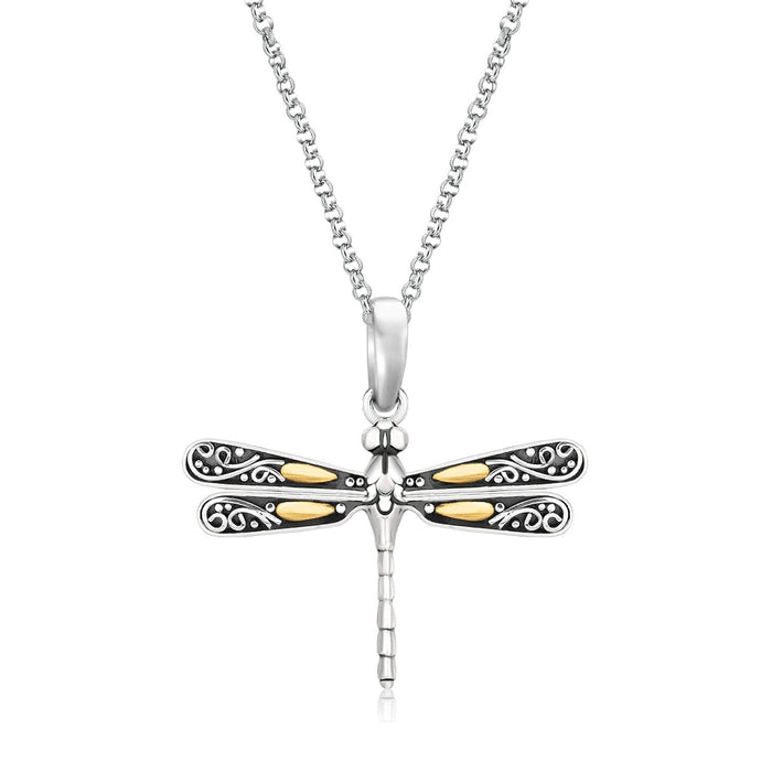 18k Yellow Gold and Sterling Silver Pendant in a Dragonfly Design by Avera Group