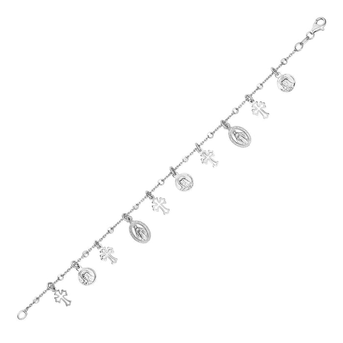 Sterling Silver 7 1/4 inch Bracelet with Crosses and Religious Medal Charms by Avera Group