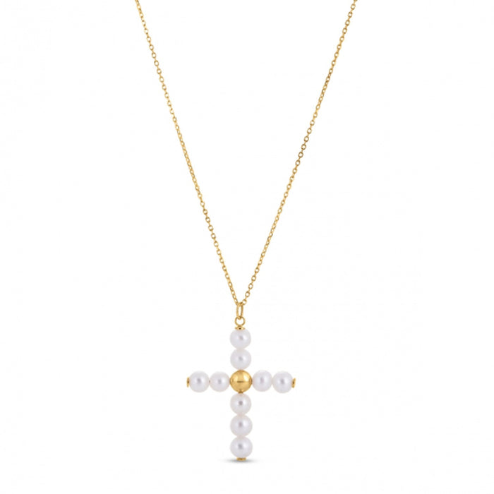 14k Yellow Gold Pearl Cross Pendant by Avera Group