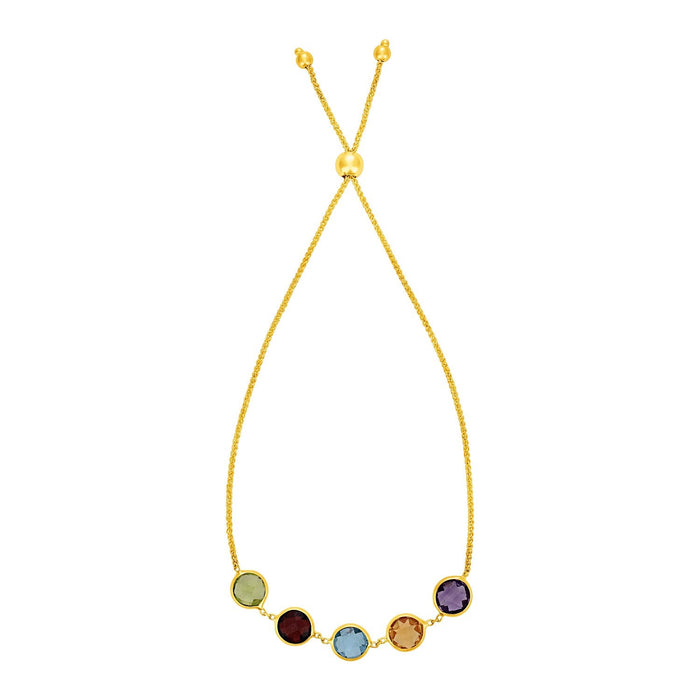 Adjustable Bracelet with Multicolored Large Round Gemstones in 14k Yellow Gold (1.00 mm) by Avera Group