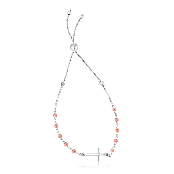 Sterling Silver White and Rose Finish Adjustable Bracelet with Cross (1.20 mm) by Avera Group