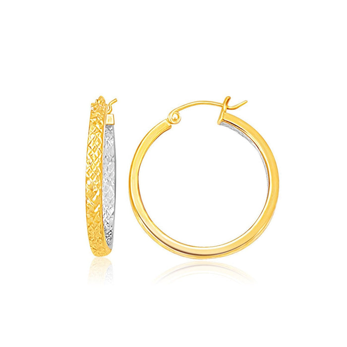 Two-Tone Yellow and White Gold Petite Patterned Hoop Earrings(3x25mm) by Avera Group