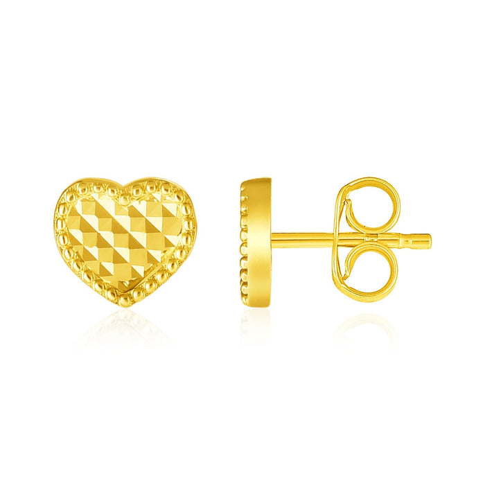 14k Yellow Gold Textured Heart Post Earrings by Avera Group