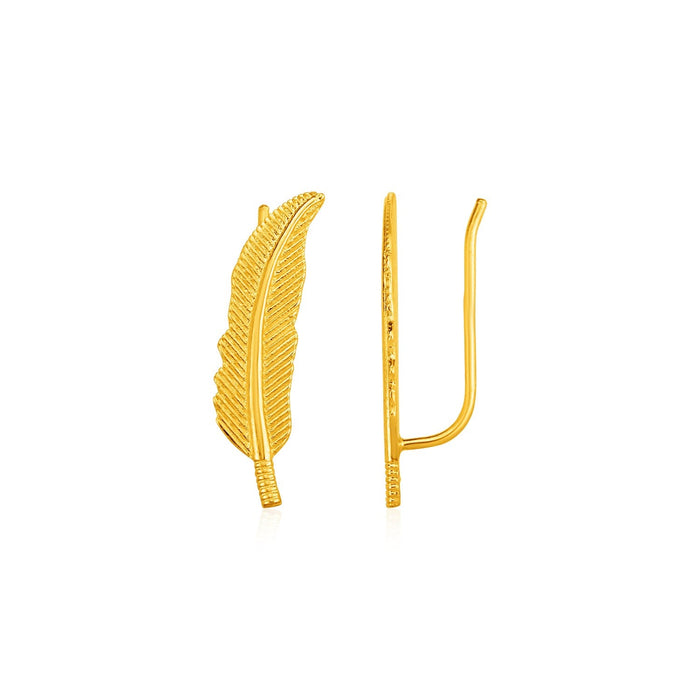 Textured Feather Climber Earrings in 14k Yellow Gold by Avera Group