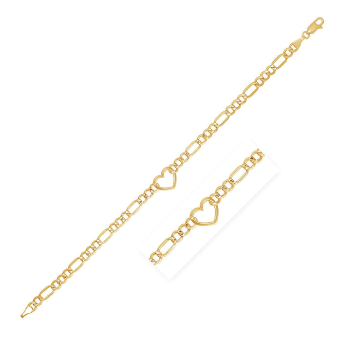 14k Yellow Gold 7 inch Figaro Chain Bracelet with Heart by Avera Group