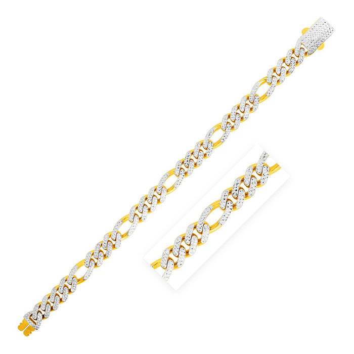 14k Yellow Gold White Pave High Polish Modern Lite Figaro Bracelet (9.5mm) by Avera Group