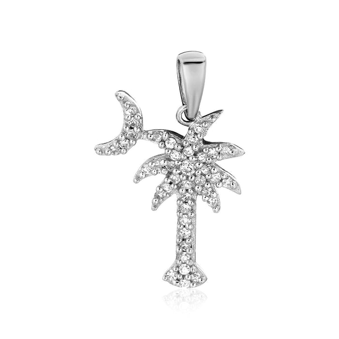 Sterling Silver Palm Tree and Crescent Moon Pendant with Cubic Zirconias by Avera Group