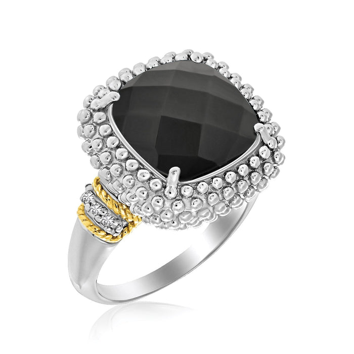 18k Yellow Gold & Sterling Silver Black Onyx and Diamond Popcorn Cushion Ring by Avera Group