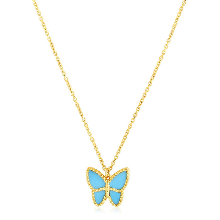 14k Yellow Gold High Polish Butterfly Turquoise Paste Necklace by Avera Group