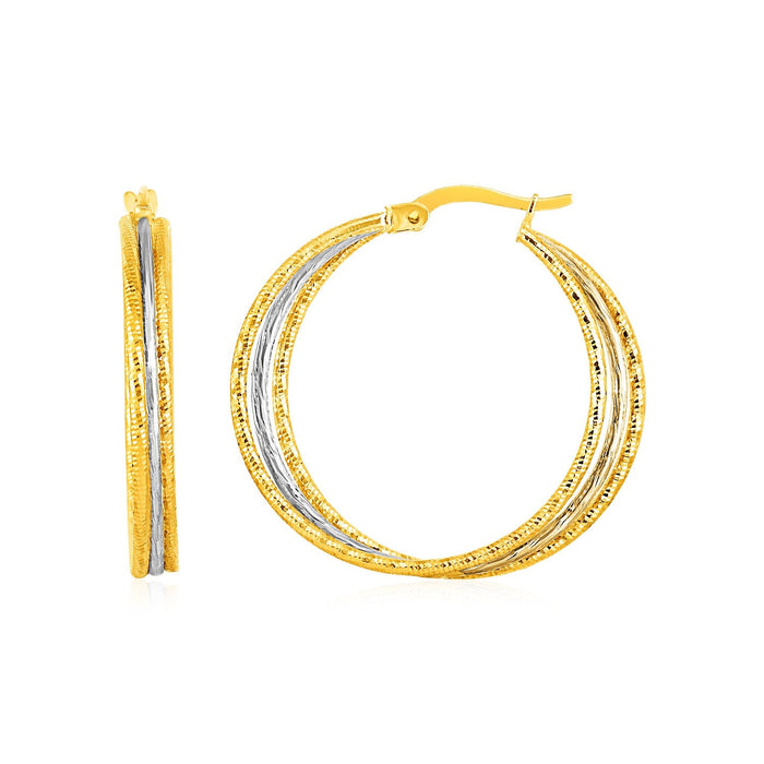 Three Part Textured Hoop Earrings in 14k Yellow and White Gold by Avera Group