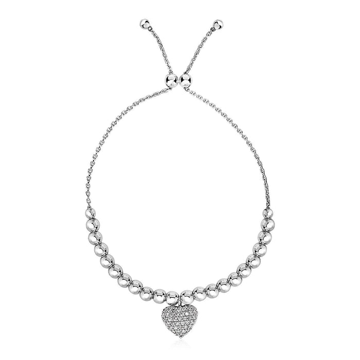 Adjustable Bead Bracelet with Round Charm and Cubic Zirconias in Sterling Silver by Avera Group