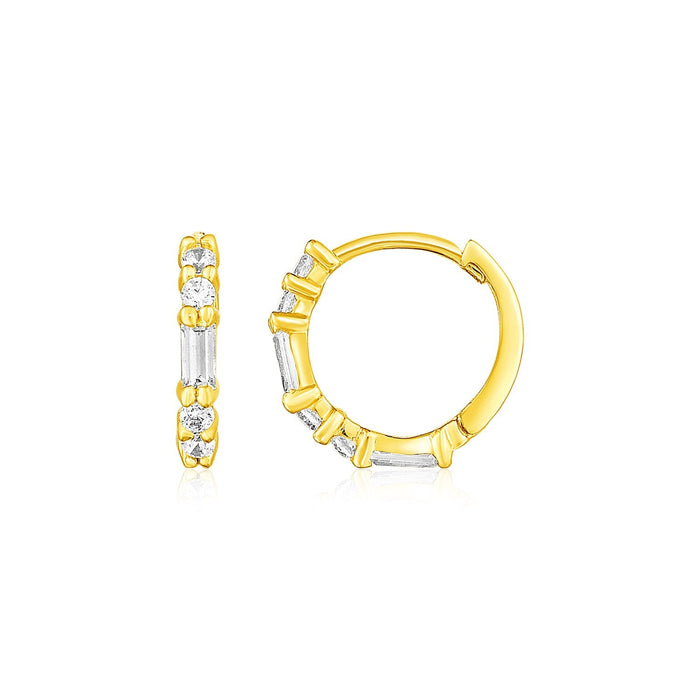 14k Yellow Gold Petite Hoop Earrings with Baguette Cubic Zirconias by Avera Group