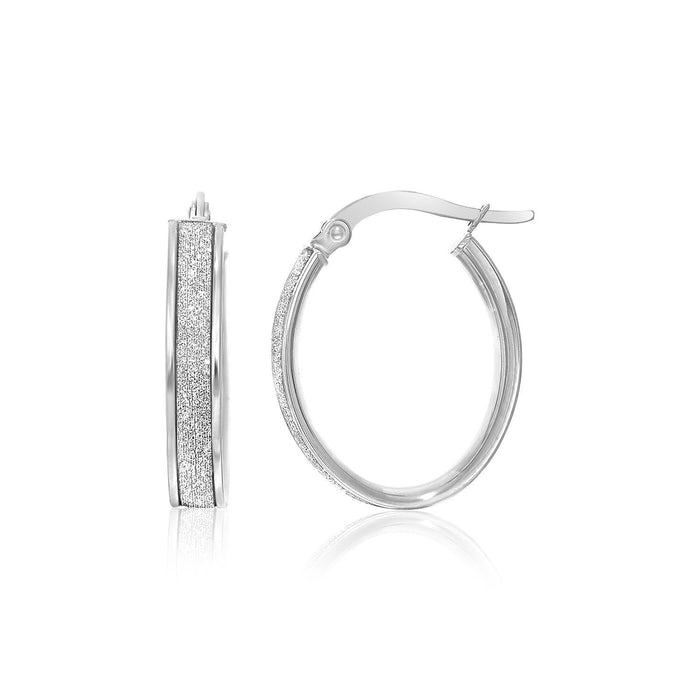14k White Gold Glitter Center Oval Hoop Earrings by Avera Group