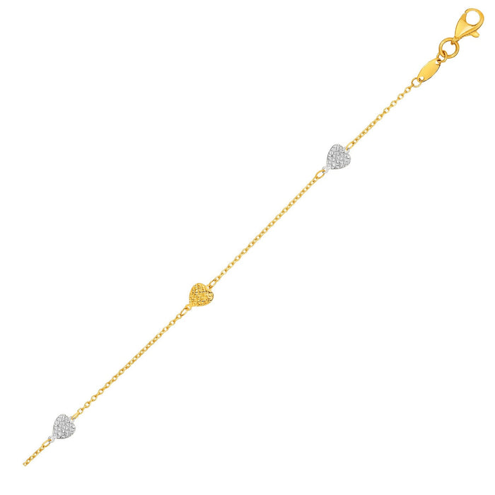 14k Two-Toned Yellow and White Gold Anklet with Textured Hearts by Avera Group