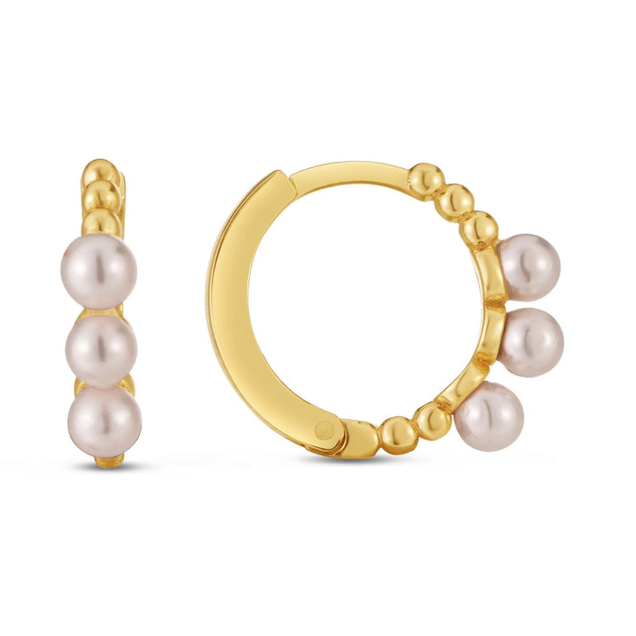 14k Yellow Gold Pearl Huggie Earrings by Avera Group