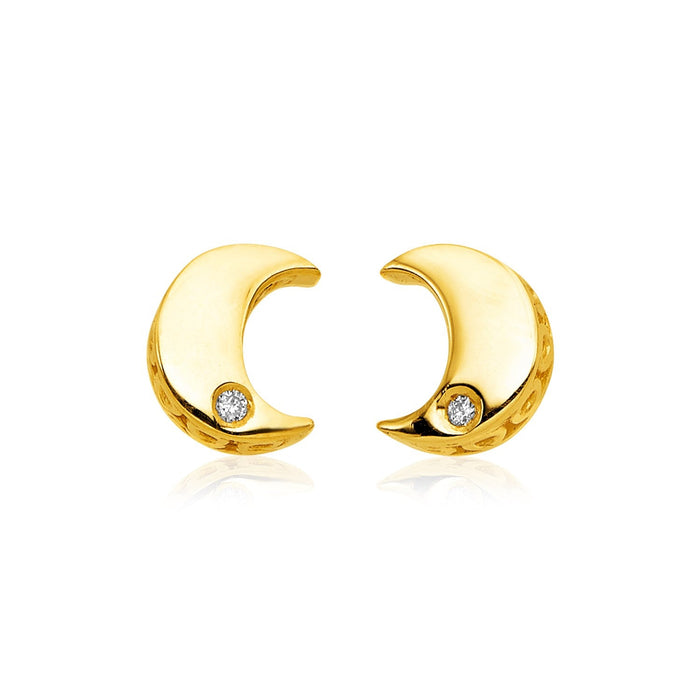 14k Yellow Gold Polished Moon Earrings with Diamonds by Avera Group