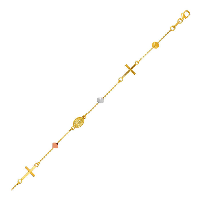 14k Tri Color Gold Bracelet with Crosses Cubes and Medallions by Avera Group