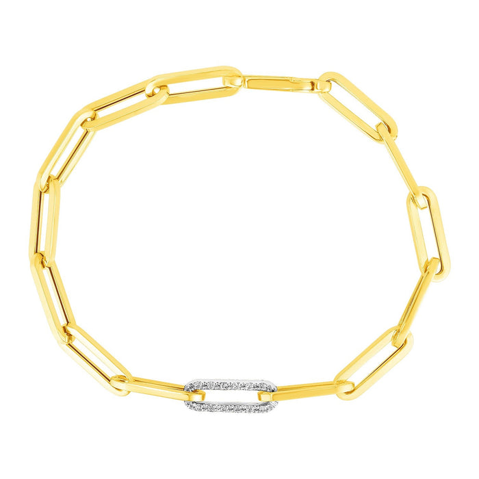 14k Yellow Gold Paperclip Chain Bracelet with Diamond Link by Avera Group
