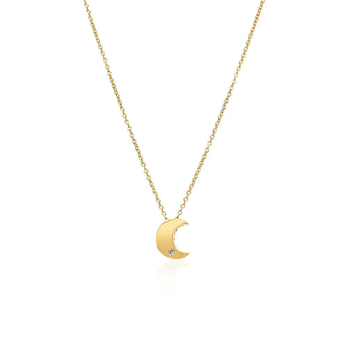 14k Yellow Gold Polished Moon Necklace with Diamond by Avera Group