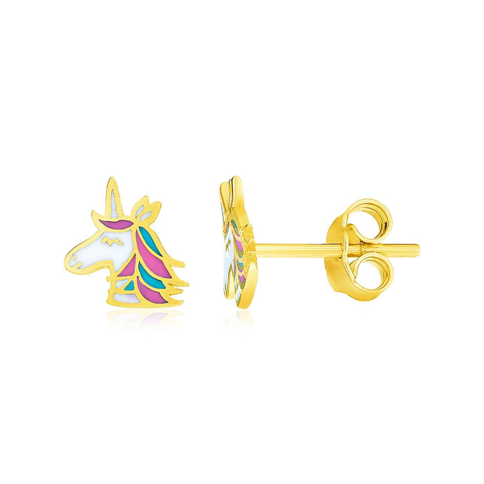 14k Yellow Gold Enameled Unicorn Childrens Earrings by Avera Group