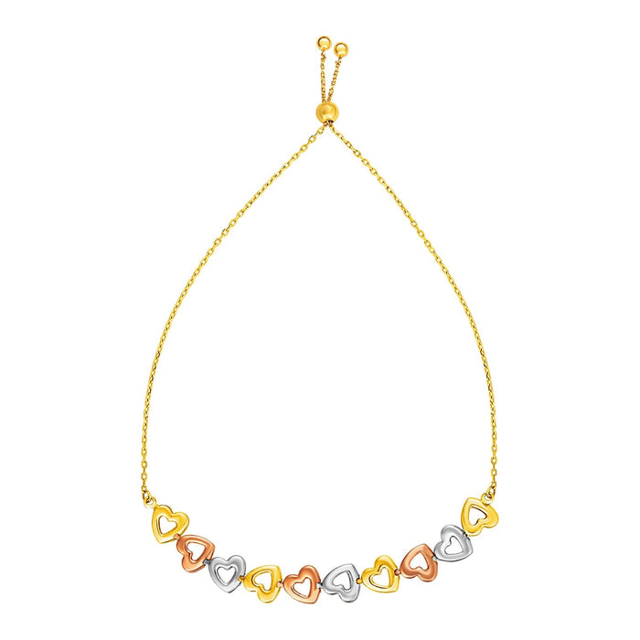 Adjustable Bracelet with Shiny Open Hearts in 14k Tri Color Gold by Avera Group
