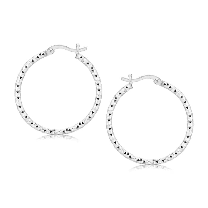 Sterling Silver Faceted Motif Hoop Earrings with Rhodium Plating(2x25mm) by Avera Group