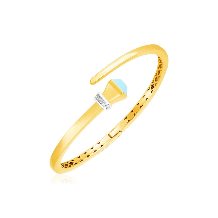 14k Yellow Gold Crossover Style Hinged Bangle Bracelet with Turquoise and Diamonds by Avera Group