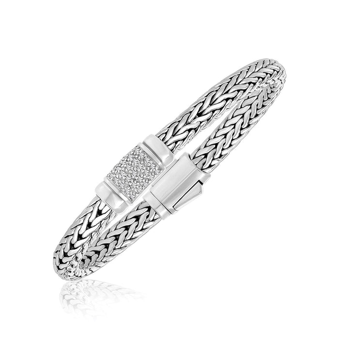 Sterling Silver Weave Motif Bracelet with White Sapphire Accents (6.35 mm) by Avera Group